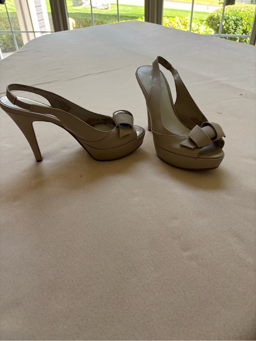 Nine West Beige Platform Slingback Heels with Bow Accent